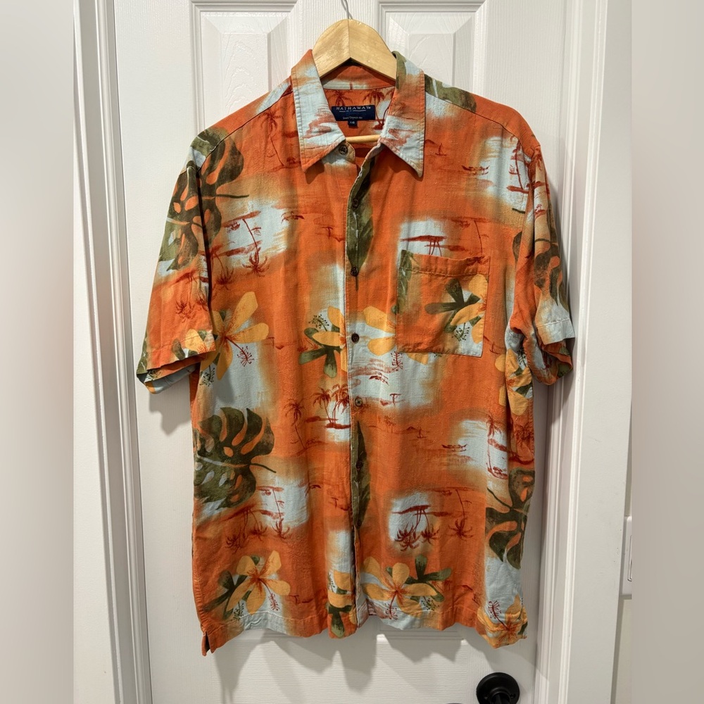 Vintage Orange Floral Hawaiian rayon Shirt - Short Sleeve Mens large